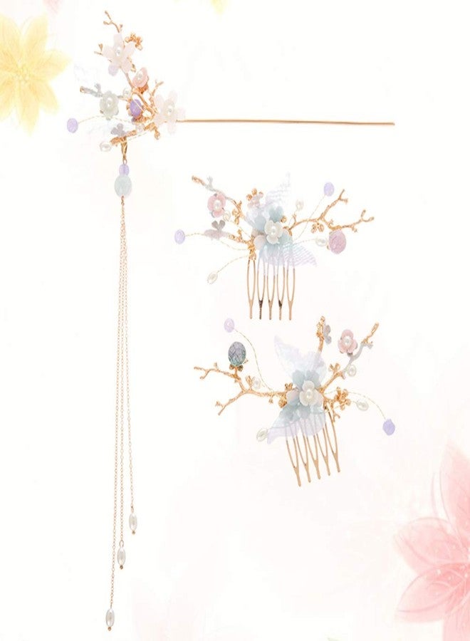 Minkissy Chinese Hair Accessories Hair Sticks With Chain Chinese Hanfu Hair Pins Side Comb Cherry Blossom Headpiece For Women Girls Flower Crystal Pearl Hair Chopsticks - Image 5