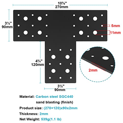 eoere 4 PCS 4 x 4 T Post Bracket, Heavy Duty Wood Connector Brackets, Flat Tee Mending Plate for Deck, Pergola, 14 Gauge - Image 2