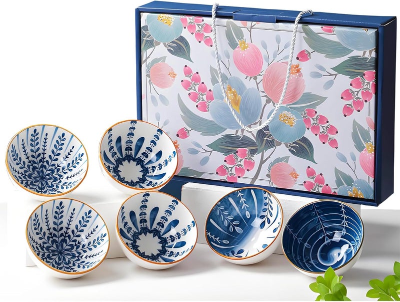 iDourer Rice Bowls 10oz, Japanese Style Bowls Set of 6 with Gift Box - Blue and White Ceramic Bowls for Soup, Dessert, Ice Cream, Snack - Kitchen Gifts for Women Christmas Gift - Image 1