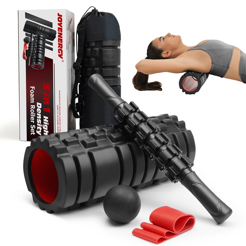 JOYENERGY JOYENERGY 5 in 1 Foam Roller Set High Density Foam Roller Patented Massage Stick Massage Ball Resistance Band for Deep Muscle Massage Pilates Yoga Fitness for Trigger Point Release 
