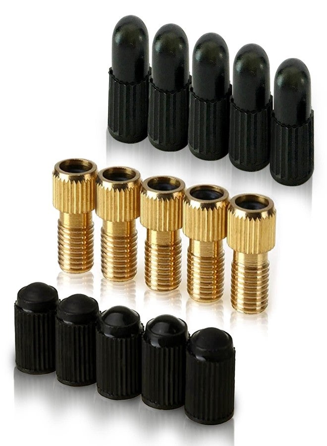 Mobi Lock 5 Pcs (+ 10 Caps) Brass Presta Valve Adapter - Convert Presta to Schrader/Auto for All Types of Bikes, e-Bikes and e-Scooters - Inflate Tire Using Standard Pump or Air Compressor - by Mobi Lock - Image 1