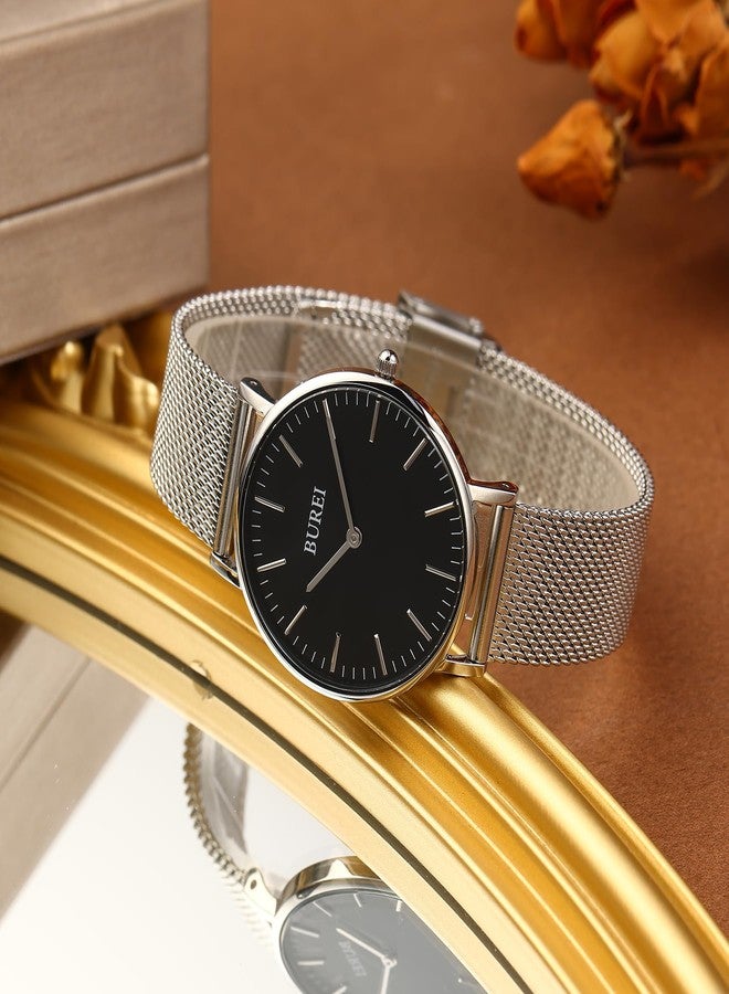 BUREI Womens Watch Fashion Gold Small Ladies Watch Stainless Steel Mesh Bracelet Watch Analog Quartz Waterproof Watches Dainty Silver Wrist Watches for Women, black silver, Modern - Image 4