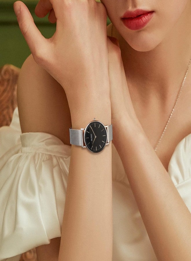 BUREI Womens Watch Fashion Gold Small Ladies Watch Stainless Steel Mesh Bracelet Watch Analog Quartz Waterproof Watches Dainty Silver Wrist Watches for Women, black silver, Modern - Image 5