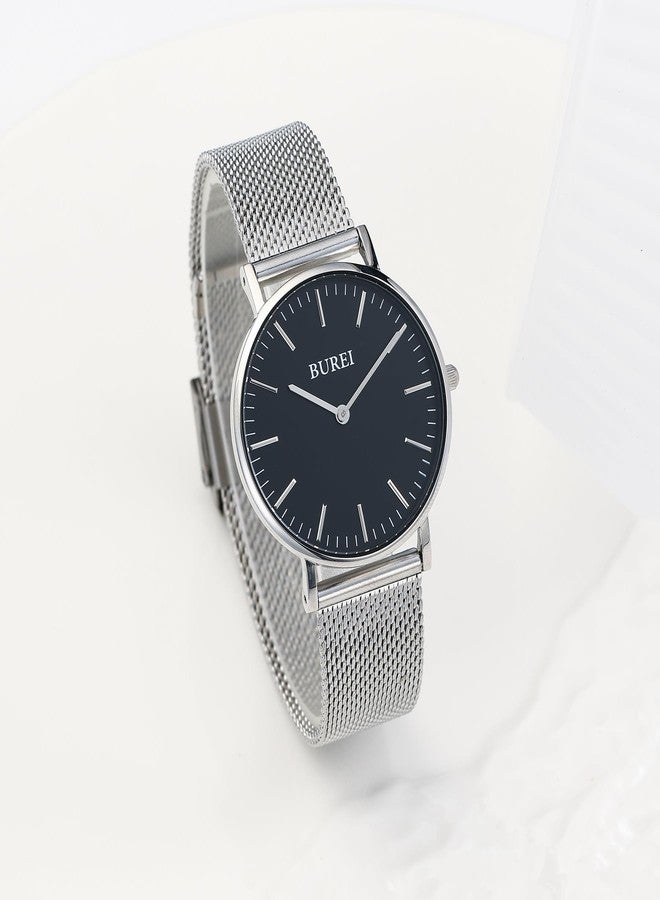 BUREI Womens Watch Fashion Gold Small Ladies Watch Stainless Steel Mesh Bracelet Watch Analog Quartz Waterproof Watches Dainty Silver Wrist Watches for Women, black silver, Modern - Image 2