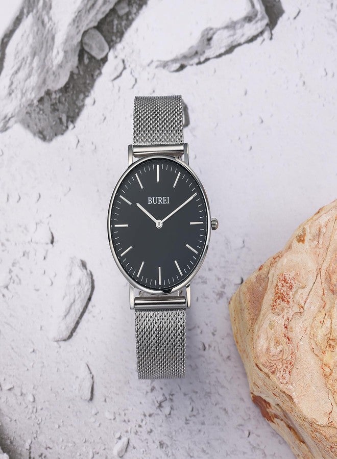 BUREI Womens Watch Fashion Gold Small Ladies Watch Stainless Steel Mesh Bracelet Watch Analog Quartz Waterproof Watches Dainty Silver Wrist Watches for Women, black silver, Modern - Image 3