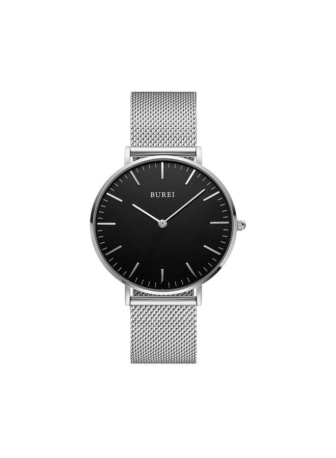 BUREI Womens Watch Fashion Gold Small Ladies Watch Stainless Steel Mesh Bracelet Watch Analog Quartz Waterproof Watches Dainty Silver Wrist Watches for Women, black silver, Modern - Image 1
