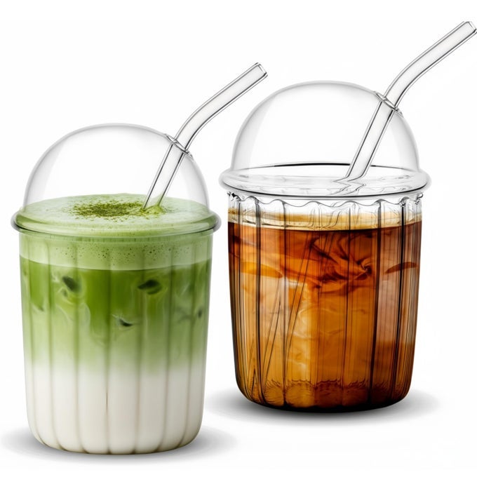2 PCS GLASS CUPS WITH DOME LID AND STRAW 15 OZ ICED GLASS MATCHA CUP AESTHETIC COFFEE CUP CUTE DRINKING GLASSWARE FOR JUICE BEVERAGE MILK BUBBLE TEA COCKTAILS