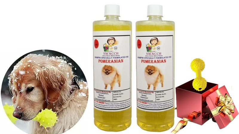 swacch Pomeranian Dog Shampoo + Dumbbell Toy I Durable Rubber Dog Toy for Chewing I Playing,Teeth Cleaning & Training Toy I Combo Pack I 1 Litre Pack of 2 Lemon - Image 1