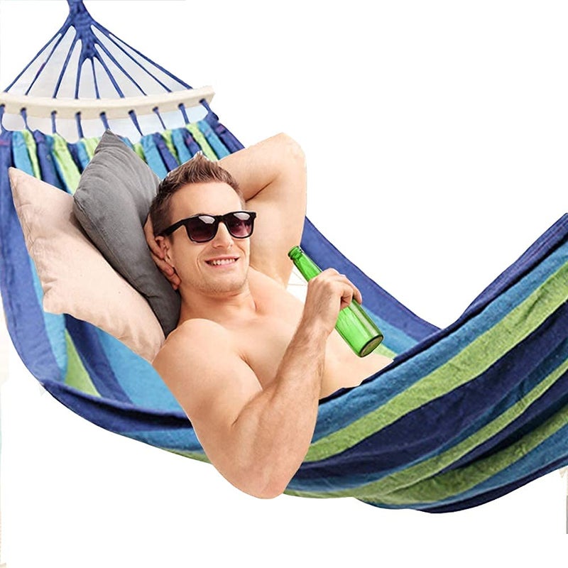 Baskety Camping Hammock Striped Canvas Fabric Portable Garden Hammocks Ultralight Outdoor Beach Swing Bed with Strong Rope 280 100 cm Blue - Image 1