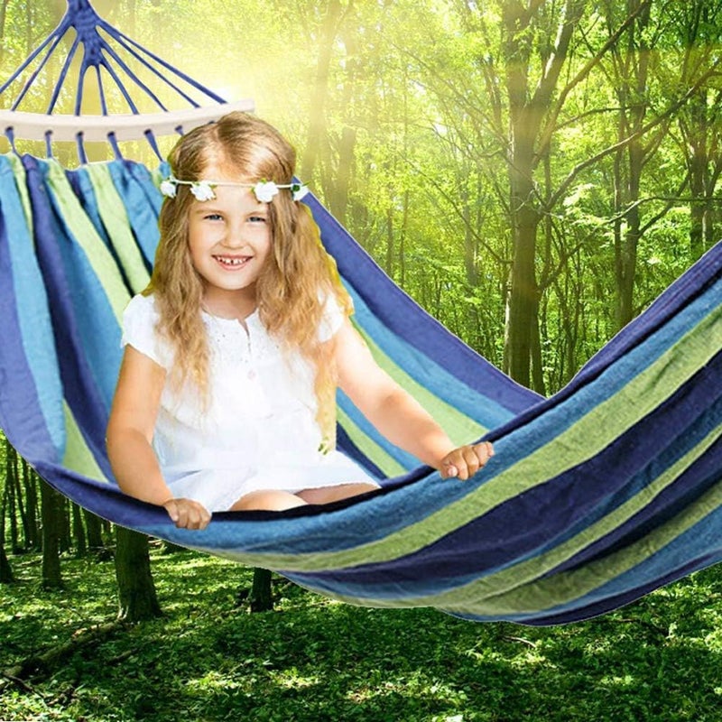Baskety Camping Hammock Striped Canvas Fabric Portable Garden Hammocks Ultralight Outdoor Beach Swing Bed with Strong Rope 280 100 cm Blue - Image 5