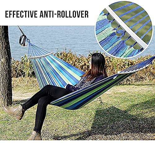 Baskety Camping Hammock Striped Canvas Fabric Portable Garden Hammocks Ultralight Outdoor Beach Swing Bed with Strong Rope 280 100 cm Blue - Image 4