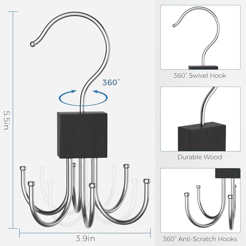 MosQuick® Set of 2 Belt Organiser for Wardrobe Stainless Steel 6 Hooks 360 Degree Rotating tie Organiser for Men Wardrobe Organizer for Storage Multipurpose Hanging Hooks for Bags Belts Scarves tie - Image 2