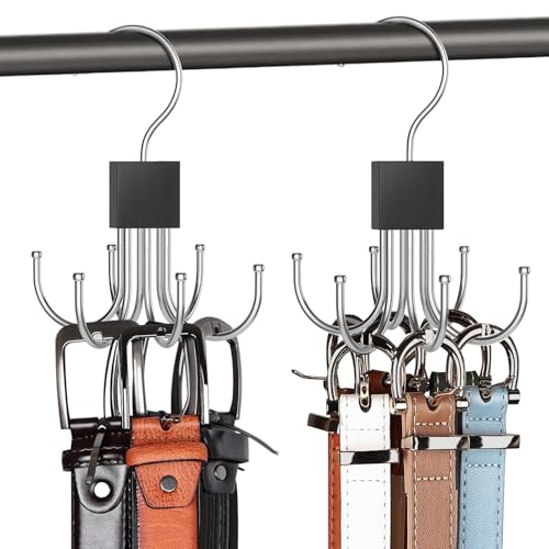 MosQuick® Set of 2 Belt Organiser for Wardrobe Stainless Steel 6 Hooks 360 Degree Rotating tie Organiser for Men Wardrobe Organizer for Storage Multipurpose Hanging Hooks for Bags Belts Scarves tie - Image 1
