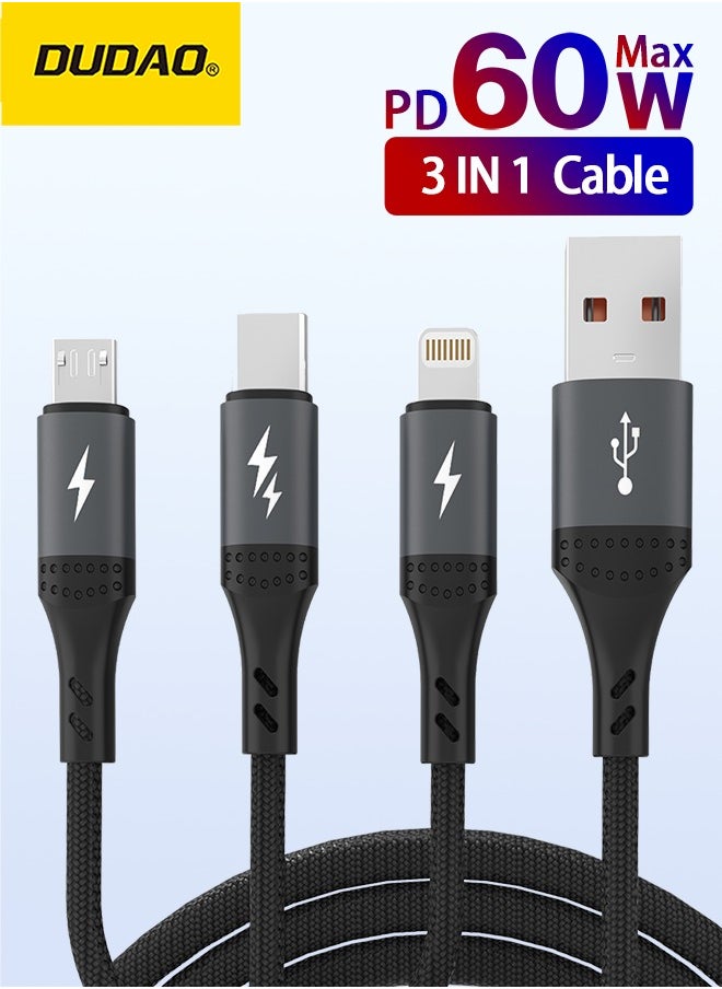 3-in-1 USB Fast Charging Cable, 66W Multiple Charger Cable, USB to Lightning, TYPE-C, and Micro Ports