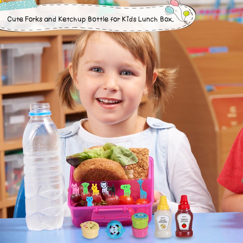 Hoolerry 50 قطعة من ملحقات صندوق الغداء للأطفال بما في ذلك أعواد الطعام وزجاجات التوابل الصغيرة وزجاجات الكاتشب وزجاجة صلصة الصويا الصغيرة مع قمع للأطفال في المدرسة وصندوق الغداء والتخييم ومكتب الملحقات (حيوانات) - Image 4