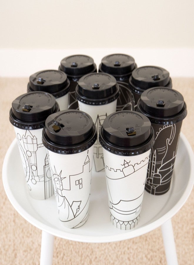 Youngever 70 Sets Disposable Coffee Cups with Lids, To Go Hot Coffee Cups, Durable Paper Cups with Lids, City Skyline Design - Image 5