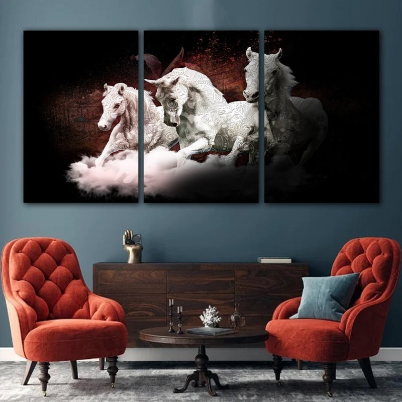 Marktna Three modern canvas paintings with a horse design and a hollow frame, measuring (90×40), three pieces - Image 1