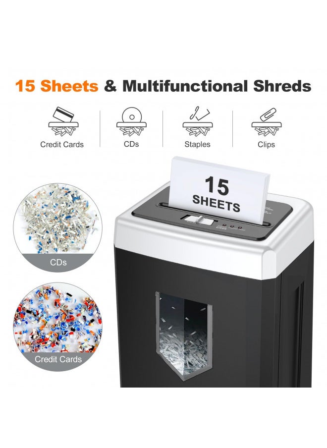 Bonsaii 15-Sheet Office Paper Shredder, 40 Mins Heavy Duty Shredder for Home Office, Crosscut Shreder with Anti-Jam System & P-4 High Security Supports CD/Credit Cards/Staple,5 Gal Pullout Bin C169-B