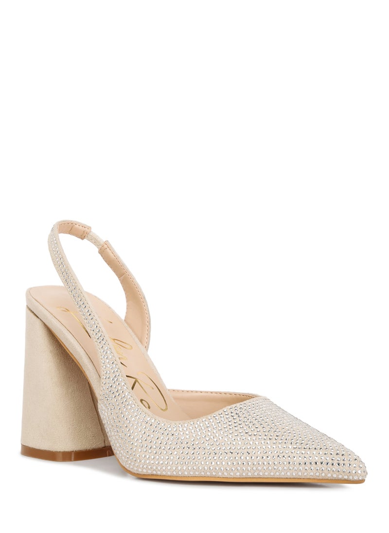London Rag - Rhinestone Embellished Suede Heel Sandals in Beige - Image 1