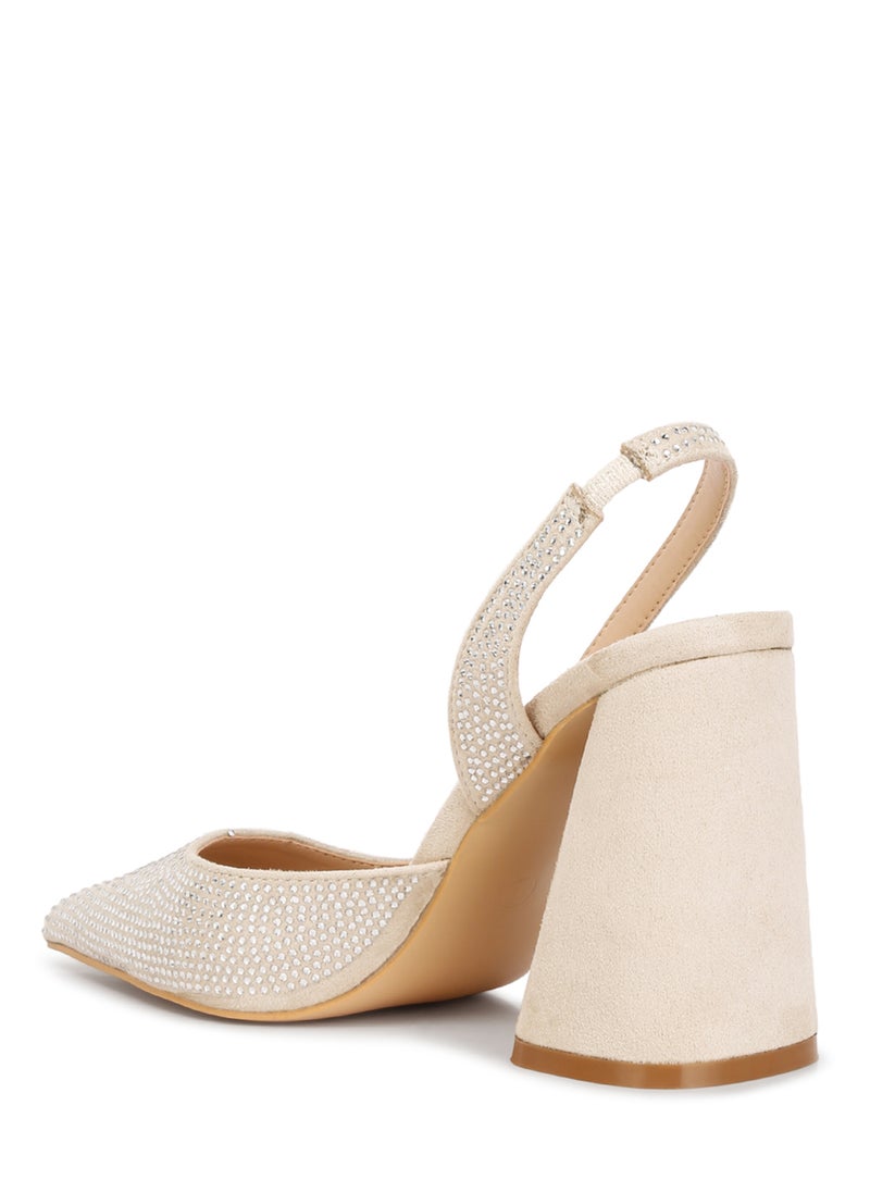 London Rag - Rhinestone Embellished Suede Heel Sandals in Beige - Image 1