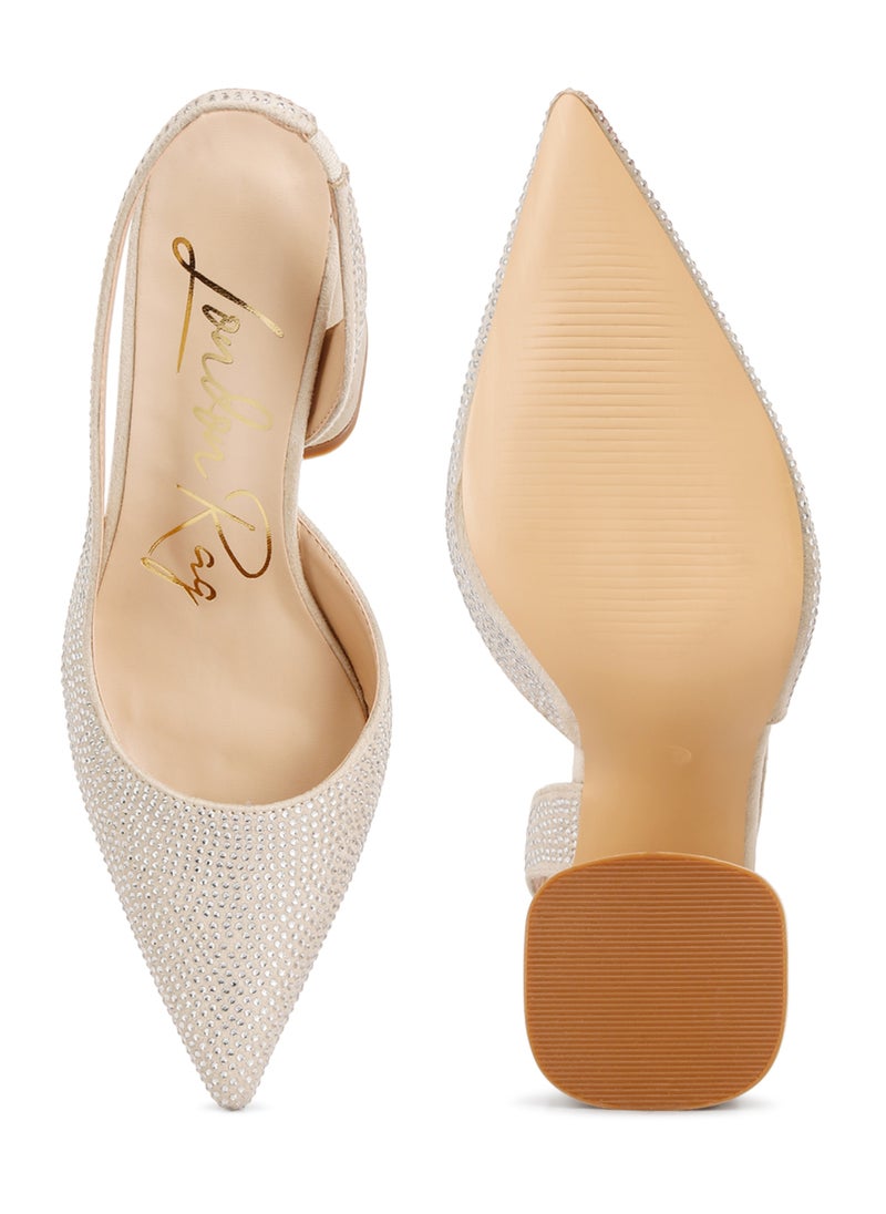 London Rag - Rhinestone Embellished Suede Heel Sandals in Beige - Image 1