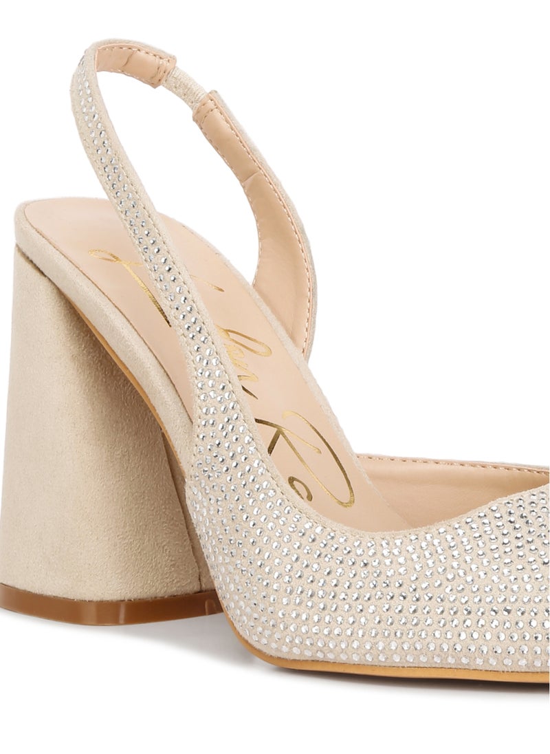 London Rag - Rhinestone Embellished Suede Heel Sandals in Beige - Image 1