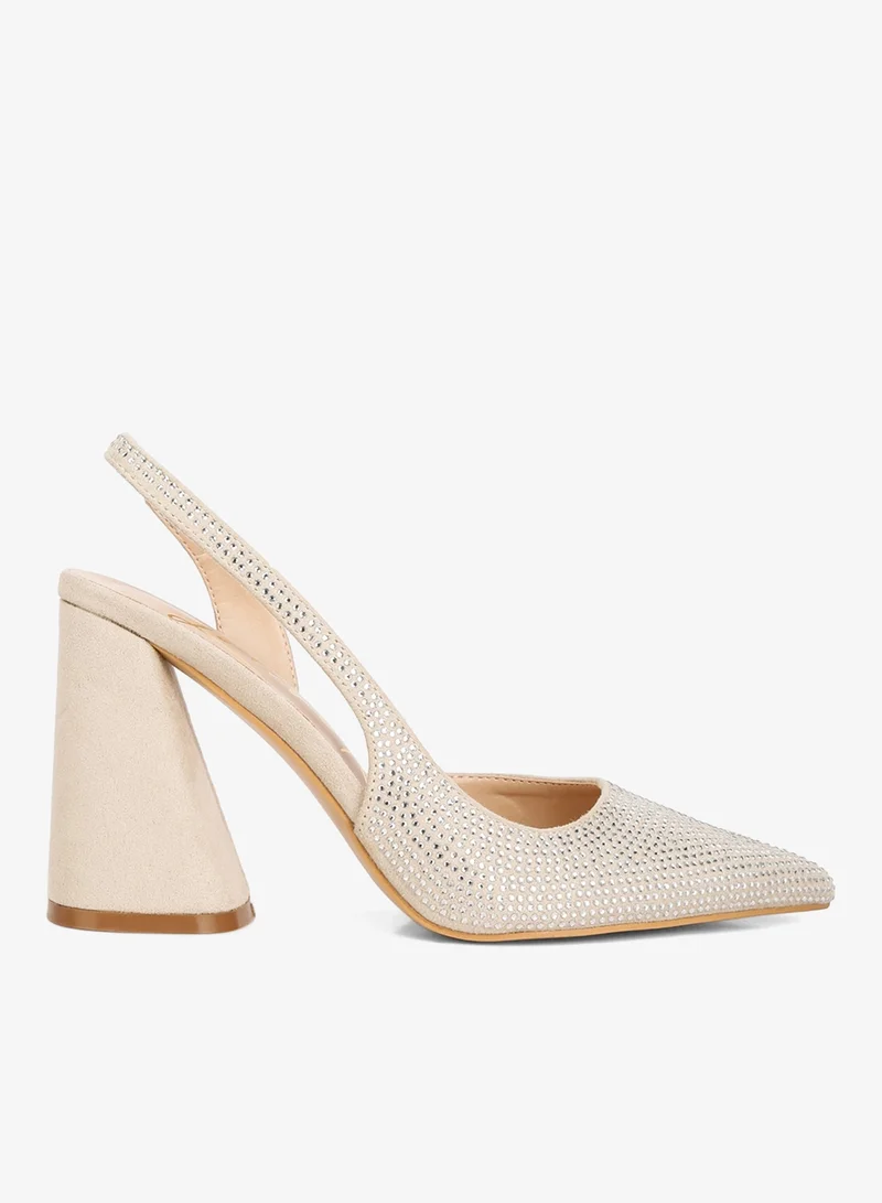 Rhinestone Embellished Suede Heel Sandals in Beige