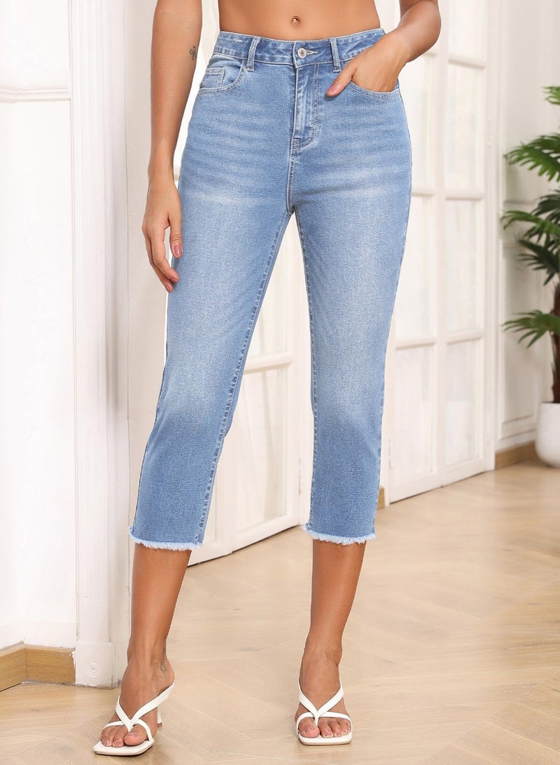 Sidefeel Women's Capri Jeans Trendy 2025 High Waisted Spring Outfit Denim Capri Pants Sky Blue Size 12 - Image 3