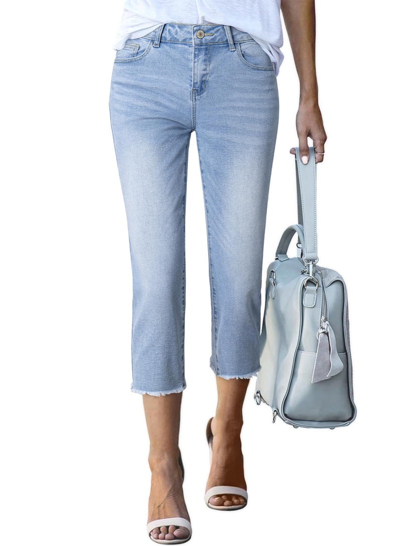 Sidefeel Women's Capri Jeans Trendy 2025 High Waisted Spring Outfit Denim Capri Pants Sky Blue Size 12 - Image 1