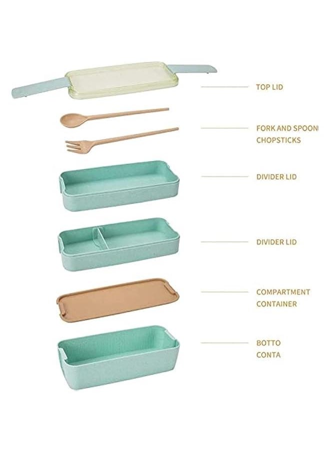 Generic - Pink Stackable Bento Box Japanese Lunch Box Kit with Spoon & Fork, 3-In-1 Compartment Wheat Straw Meal Prep Containers for Kids & Adults - Image 1