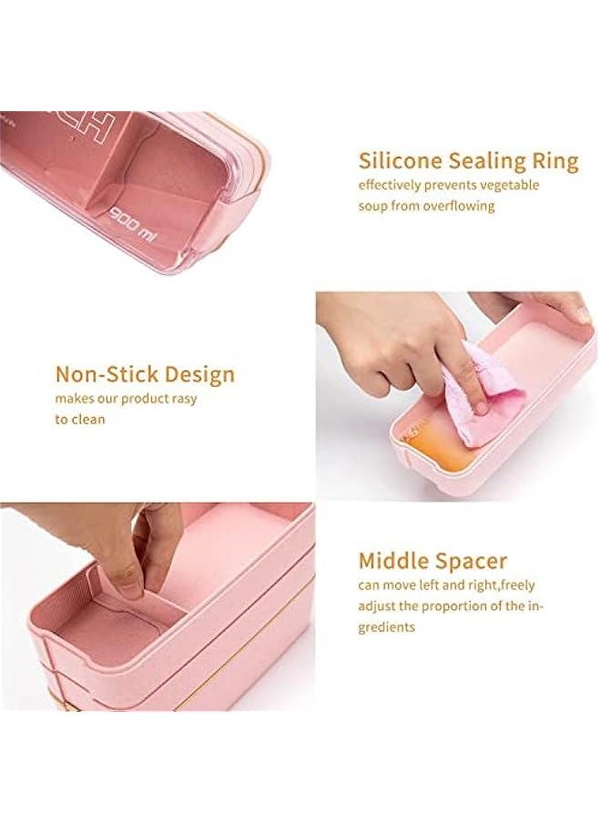 Generic - Pink Stackable Bento Box Japanese Lunch Box Kit with Spoon & Fork, 3-In-1 Compartment Wheat Straw Meal Prep Containers for Kids & Adults - Image 1