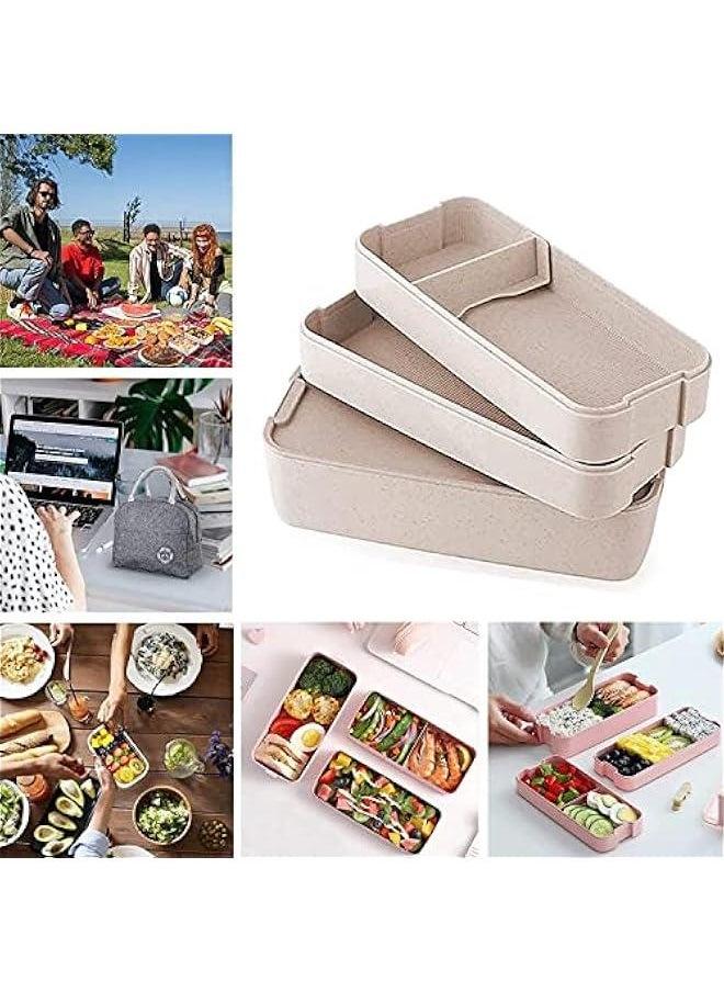 Generic - Pink Stackable Bento Box Japanese Lunch Box Kit with Spoon & Fork, 3-In-1 Compartment Wheat Straw Meal Prep Containers for Kids & Adults - Image 1