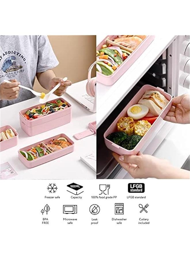Generic - Pink Stackable Bento Box Japanese Lunch Box Kit with Spoon & Fork, 3-In-1 Compartment Wheat Straw Meal Prep Containers for Kids & Adults - Image 1