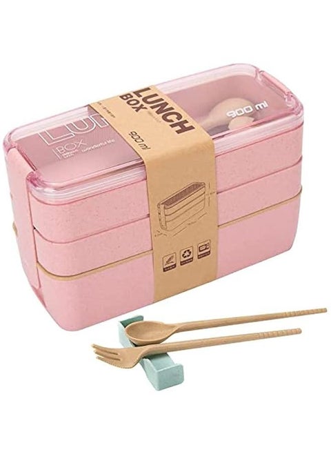 Pink Stackable Bento Box Japanese Lunch Box Kit with Spoon & Fork, 3-In-1 Compartment Wheat Straw Meal Prep Containers for Kids & Adults