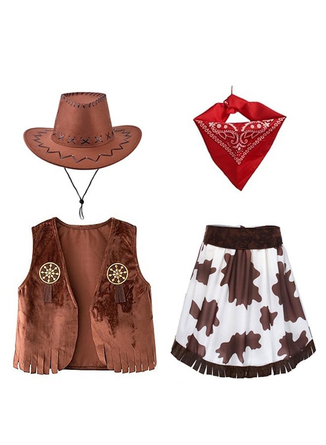 HALAMODO 4 Pcs Kids Cowboy Costume Dress Up Outfit for Girls Cowboy Chaps and Vest Set Hat with Scarf for Girls Birthday Kids Role Play Party Cosplay - Image 1