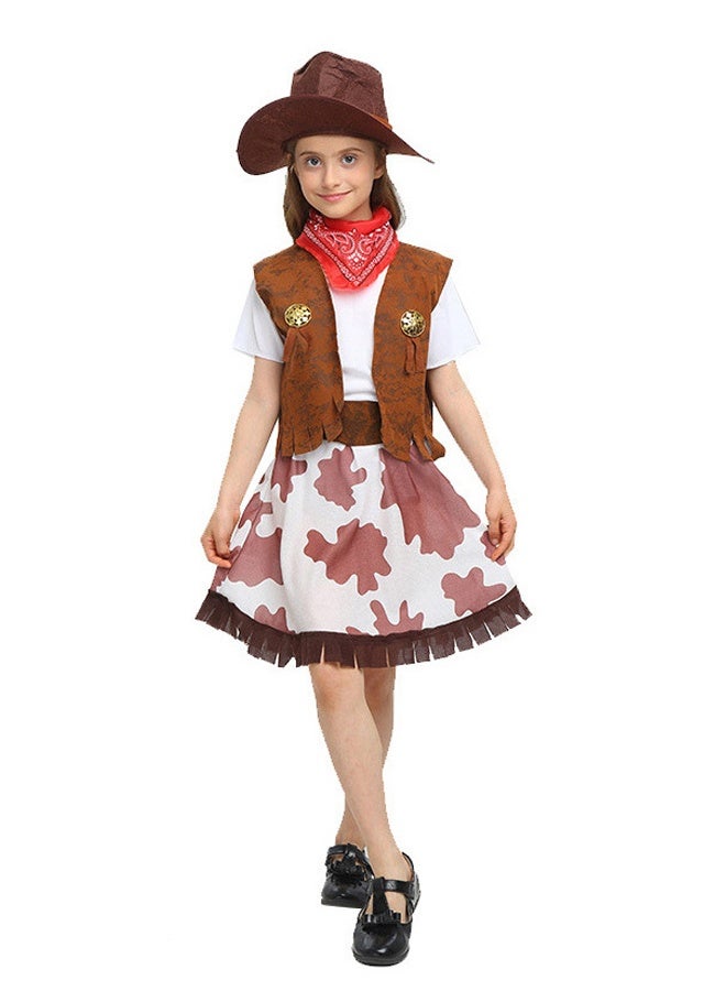 HALAMODO 4 Pcs Kids Cowboy Costume Dress Up Outfit for Girls Cowboy Chaps and Vest Set Hat with Scarf for Girls Birthday Kids Role Play Party Cosplay - Image 2