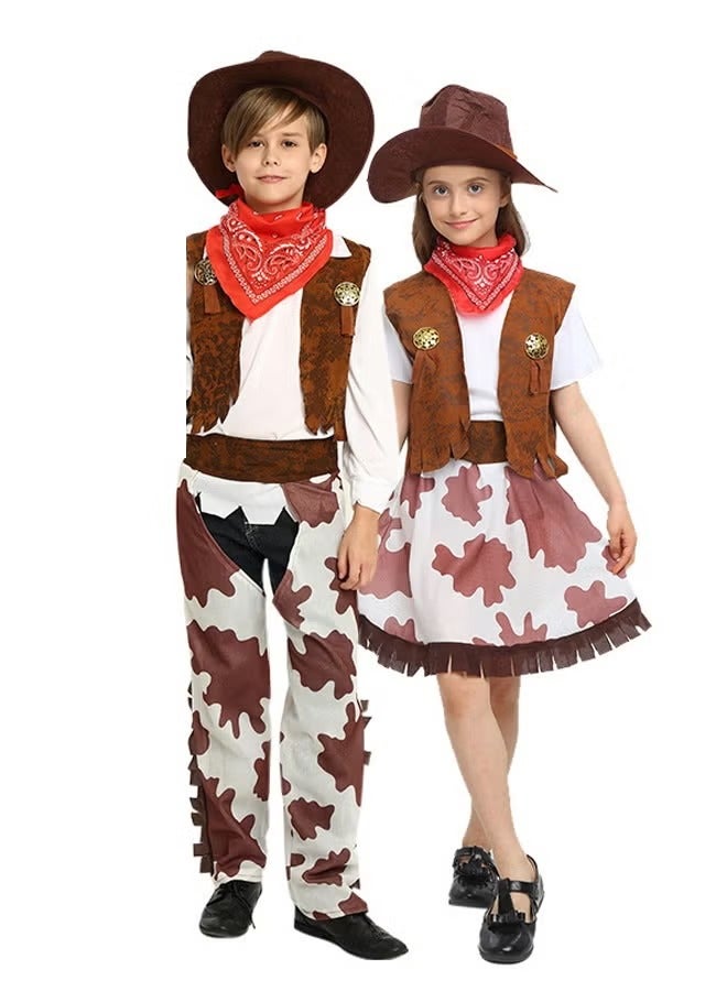 HALAMODO 4 Pcs Kids Cowboy Costume Dress Up Outfit for Girls Cowboy Chaps and Vest Set Hat with Scarf for Girls Birthday Kids Role Play Party Cosplay - Image 4