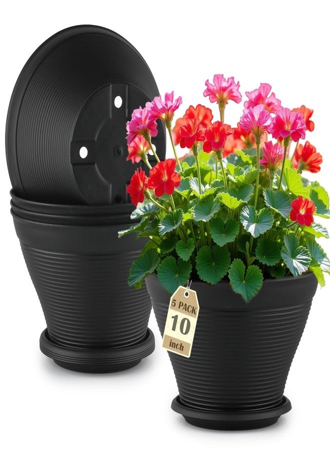 RooTrimmer 5 Pack 10 Inch Plant Pots with Drainage Holes, Plastic Flower Pots with Saucer, Large Planters for Indoor Outdoor Garden, House Plants and Flowers, Black - Image 1