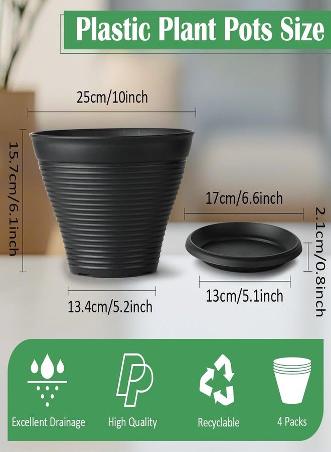 RooTrimmer 5 Pack 10 Inch Plant Pots with Drainage Holes, Plastic Flower Pots with Saucer, Large Planters for Indoor Outdoor Garden, House Plants and Flowers, Black - Image 2