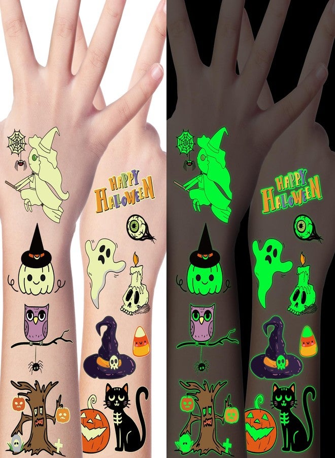 Huskein 145 Styles Halloween Tattoos for Kids, 12PCS Halloween Luminous Tattoos, Glow in Dark Ghosts Pumpkin Fake Temporary Tattoos Stickers Bulk for Halloween Party Favors Accessories Supplies - Image 1
