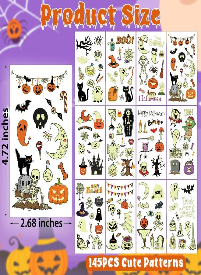 Huskein 145 Styles Halloween Tattoos for Kids, 12PCS Halloween Luminous Tattoos, Glow in Dark Ghosts Pumpkin Fake Temporary Tattoos Stickers Bulk for Halloween Party Favors Accessories Supplies - Image 2