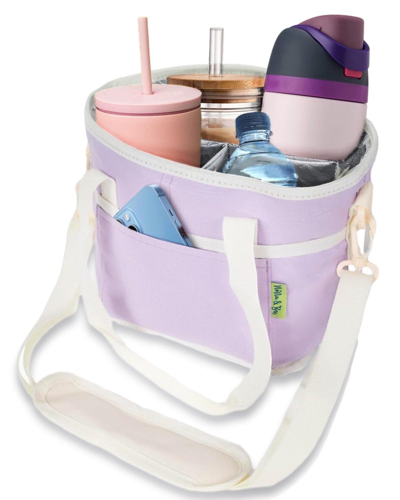 NoNa & Bee 4 Water Bottle Holder with Strap Family Size 4 Compartment Drink Bag Multiple Tumbler Carrier Caddy Adjustable Fits Large Small Drinks Hands Free Wont Tip Over in Car Lavender - Image 2