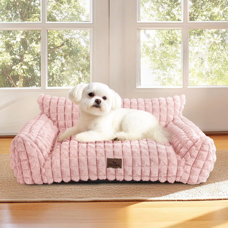 blunique Cute Small Dog Couch Bed â€“ Supportive & Fluffy Pet Sofa with Faux Rabbit Fur Washable Cover in 3D Diamond Pattern, 30" Pink - Image 1