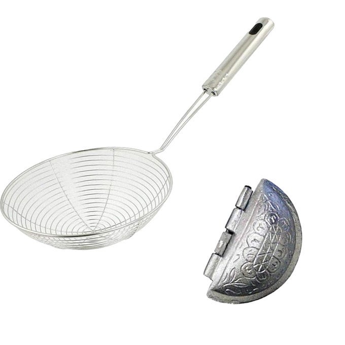 DURABLE STAINLESS STEEL SKIMMER DEEP FRY JHARA GUJIYA MAKER COMBO SET STEEL POORI JHARA FOOR STRAINER FRYING JHARA GUJIYA SANCHA KITCHEN TOOL SET PACK OF 2