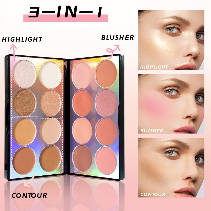 HOSAILY 16 Colors Blush Contour Highlighter Makeup Palette, All-in-One Shimmer Silky Matte Mineral Blush Powder Palette, Face Sculpting Bronzer Blusher Illuminator for a Natural Glowing - Image 3