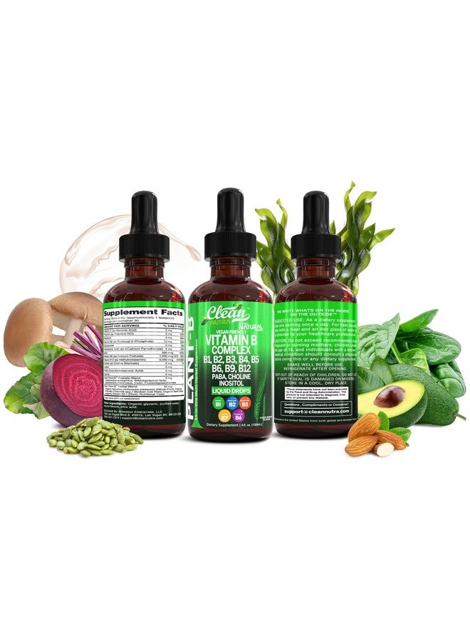 Clean Nutraceuticals قطرات سائلة من فيتامين ب المركب | ثيامين ب1، ب6، ب2، ب3، ب4، ب5، ب7، ب9، ب12، نياسيناميد، بABA، كولين، إينوزيتول، تورين، بروبيوتيك، جذر الشمندر، سبيرولينا - مكملات فيتامين ب النباتية من كلين نوترا - Image 5