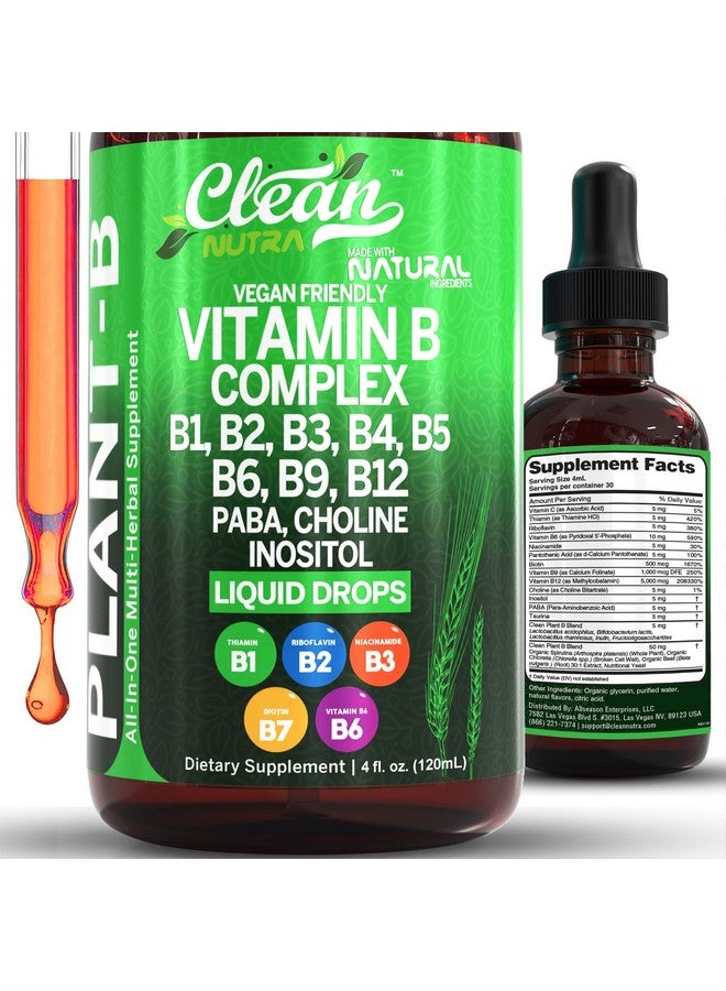 Clean Nutraceuticals قطرات سائلة من فيتامين ب المركب | ثيامين ب1، ب6، ب2، ب3، ب4، ب5، ب7، ب9، ب12، نياسيناميد، بABA، كولين، إينوزيتول، تورين، بروبيوتيك، جذر الشمندر، سبيرولينا - مكملات فيتامين ب النباتية من كلين نوترا - Image 1
