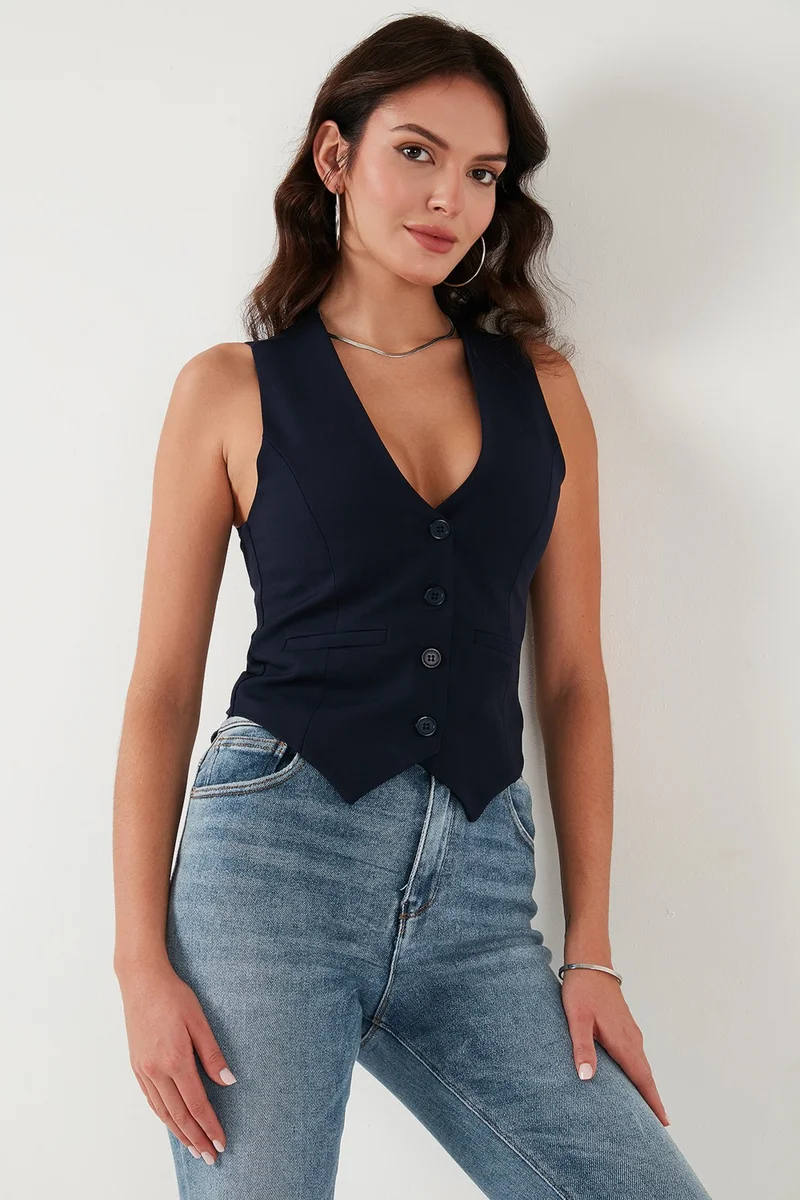 ليلا Fitted Fit Buttoned V Neck Buttoned Vest Women's Vest 6696796
