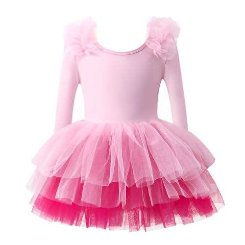 KARETT Toddler Tutu with Long Sleeve Ballerina Dance Outfits Ballet Leotards for Girls Pink Rosy 1-2Y - Image 1