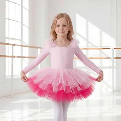KARETT Toddler Tutu with Long Sleeve Ballerina Dance Outfits Ballet Leotards for Girls Pink Rosy 1-2Y - Image 2